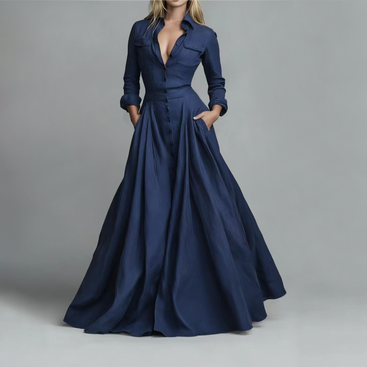 Waist Defined Button Front Maxi Shirt Gown