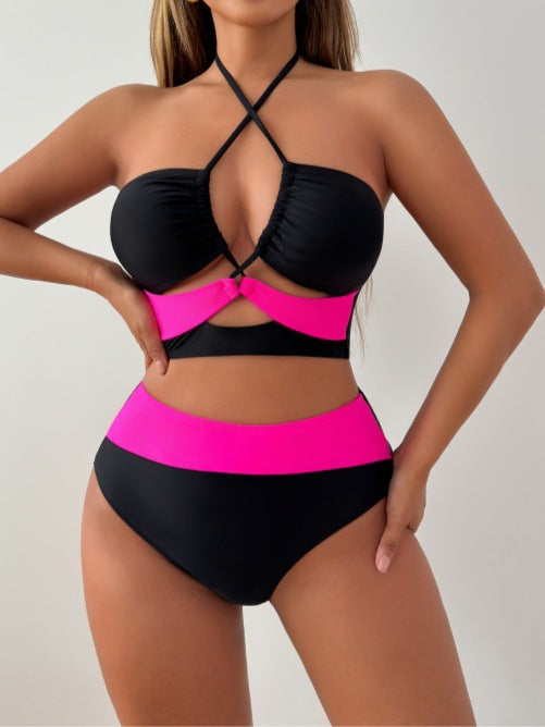 Black &amp;amp; Hot Pink Color-Block Cutout Bikini Set
