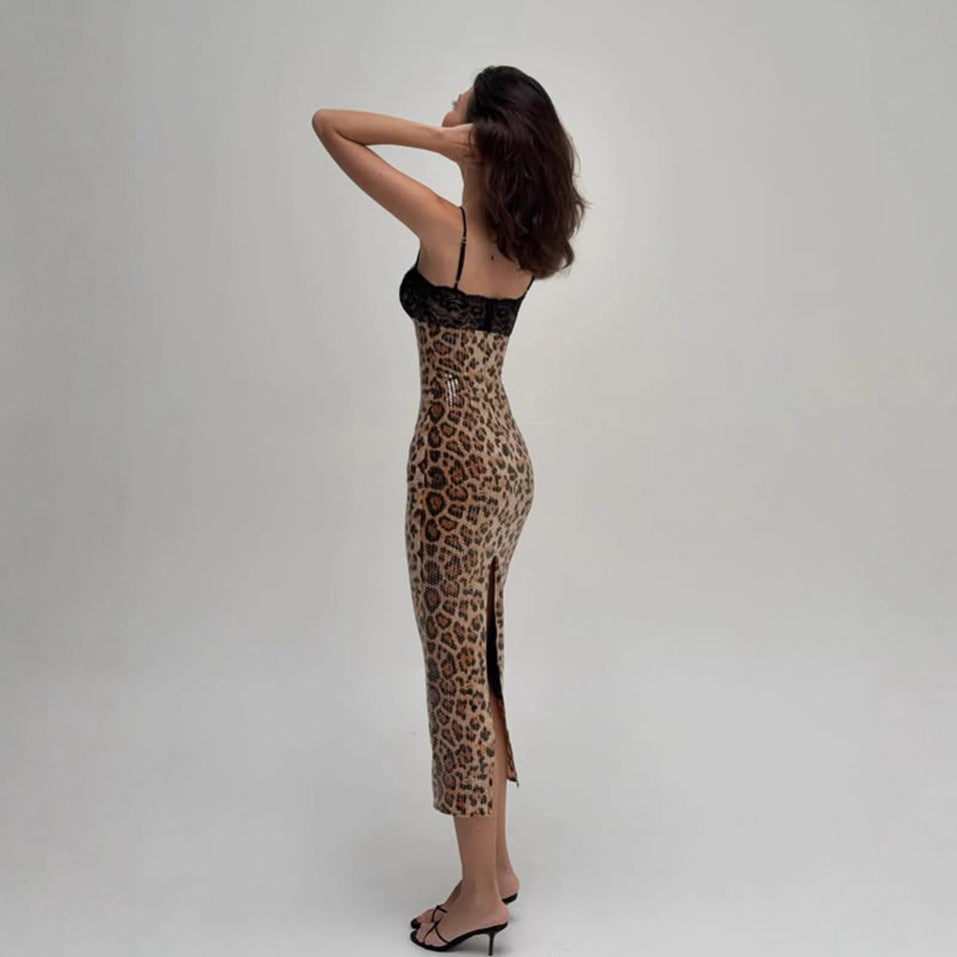 Leopard Print Sequin Midi Dress with Lace Bustier, Spaghetti Strap Bodycon Party Dress for Women