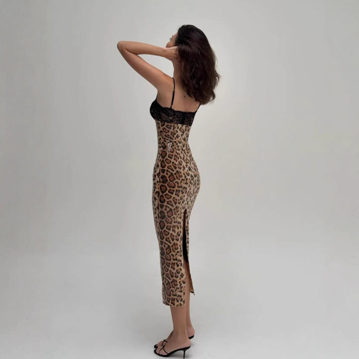 Leopard Print Sequin Midi Dress with Lace Bustier, Spaghetti Strap Bodycon Party Dress for Women