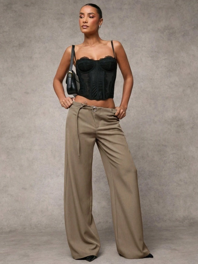Low-Rise Tie Waist Wide Leg Trousers | Tailored Flare Pants with Metal Ring Detail for Women