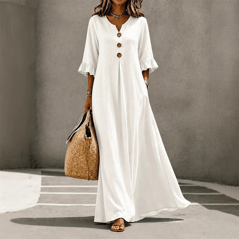 Solid color V-neck loose-fitting maxi dress