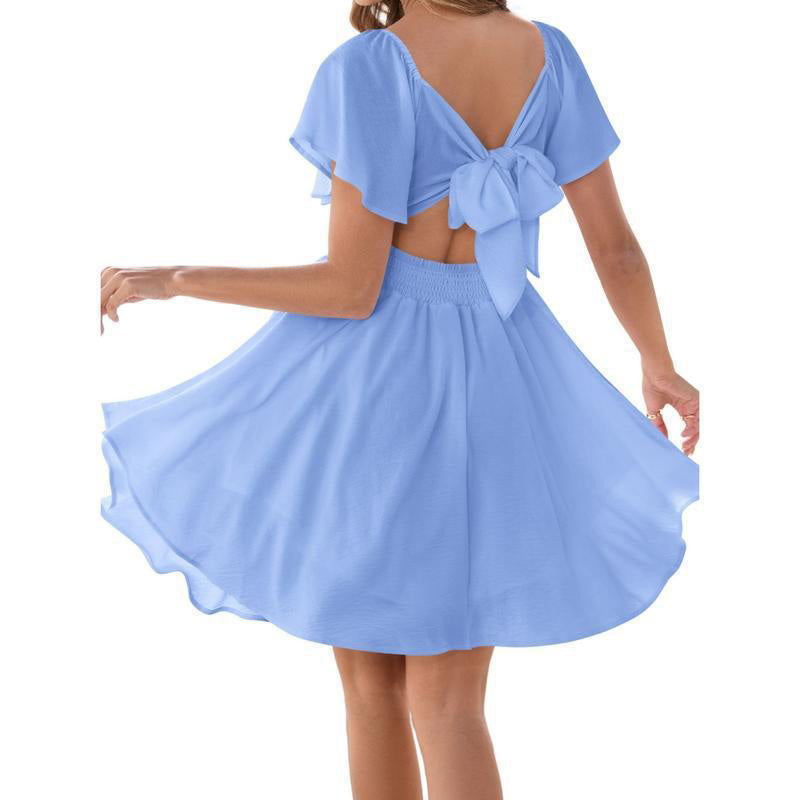 Square neck short-sleeved high-waisted bow dress