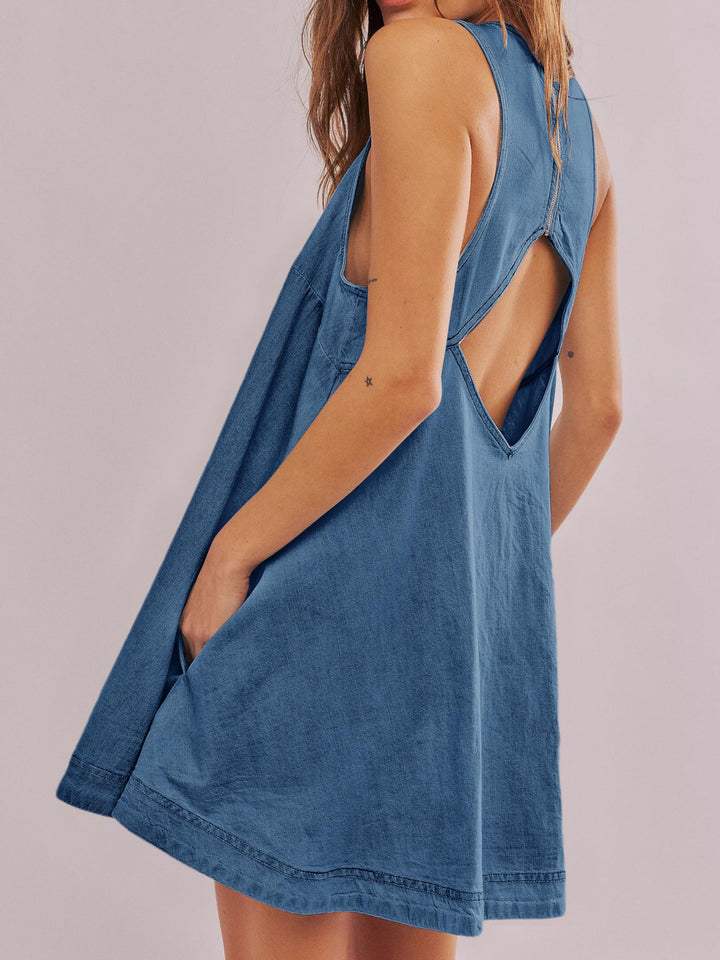 Backless Denim Mini Babydoll Dress with Pockets
