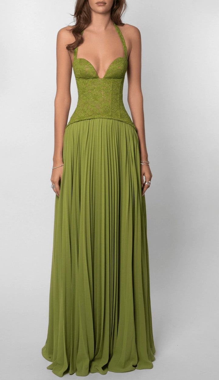 Olive Green Lace Halter Pleated Maxi Dress