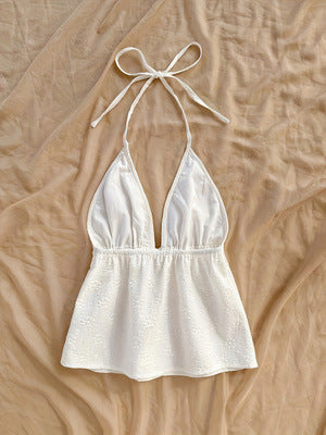 Deep V Halter Tie Front Peplum Crop Cami Top | Cream Textured Romantic Crop