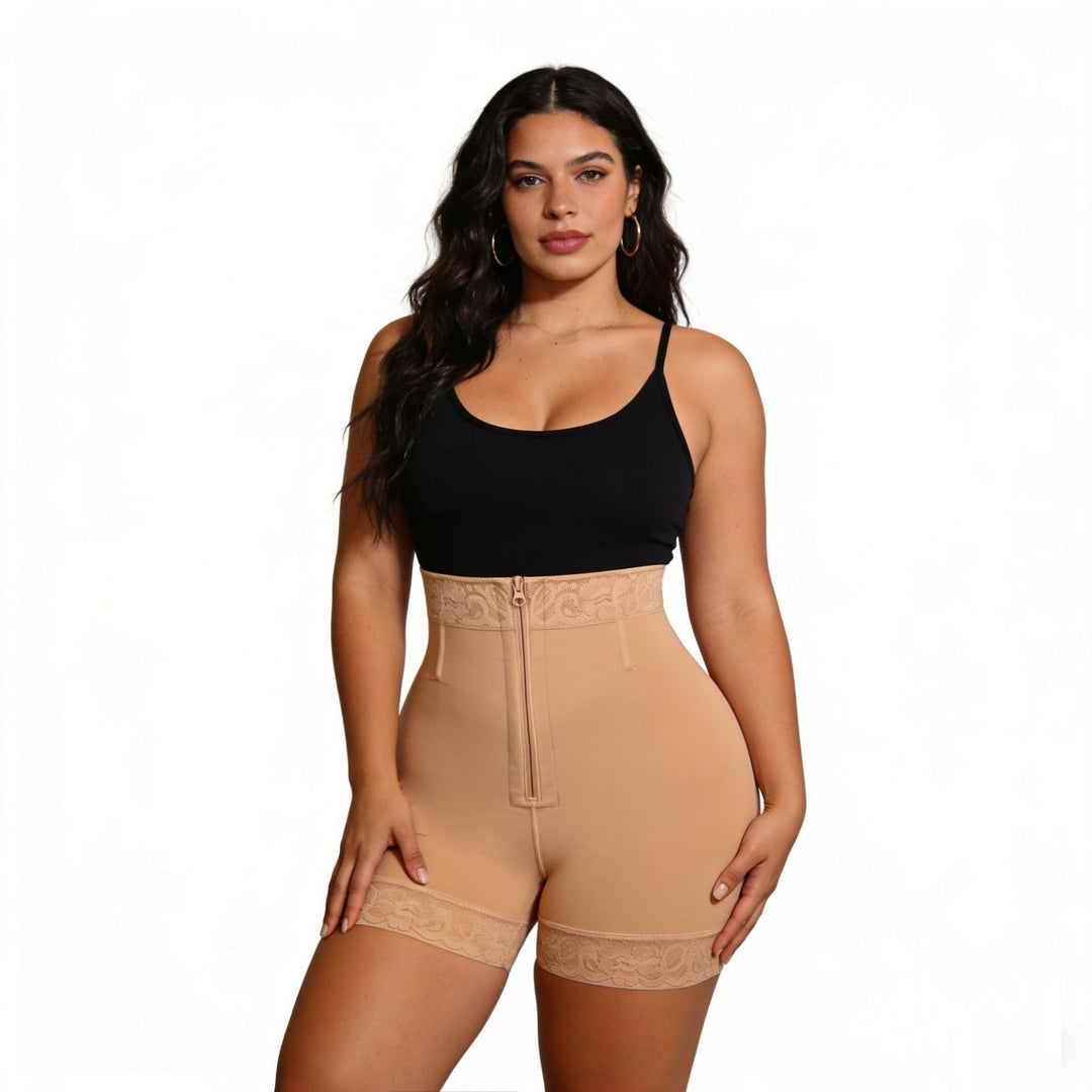 High-Waisted Lace Trim Shapewear Shorts, Zipper Tummy Control Body Shaper