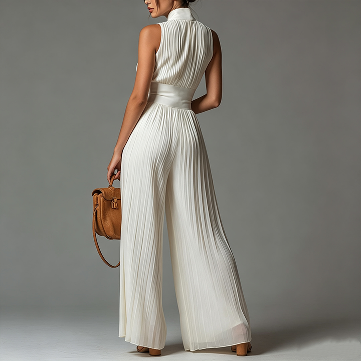 Sexy Zip Front Chiffon Pleated Wide Leg Jumpsuit