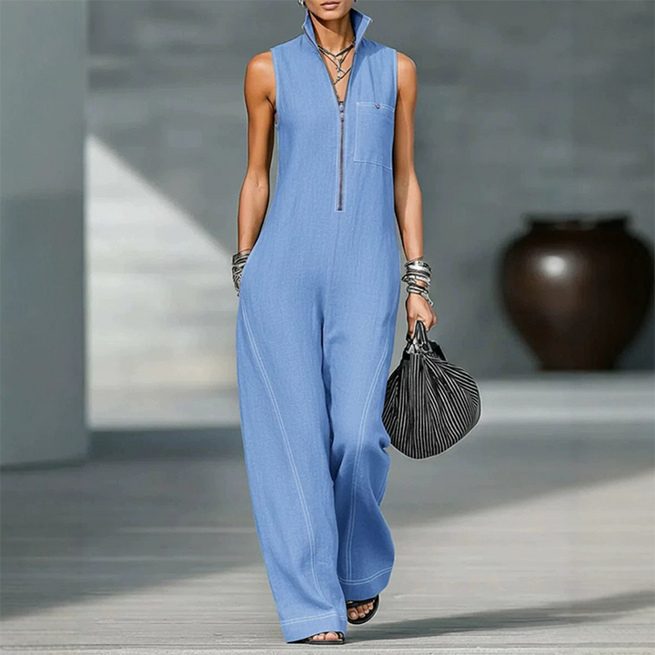 Sleeveless cotton-linen jumpsuit