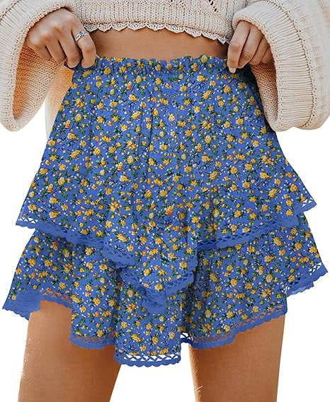Floral Tiered Ruffle Mini Skirt with Lace Trim