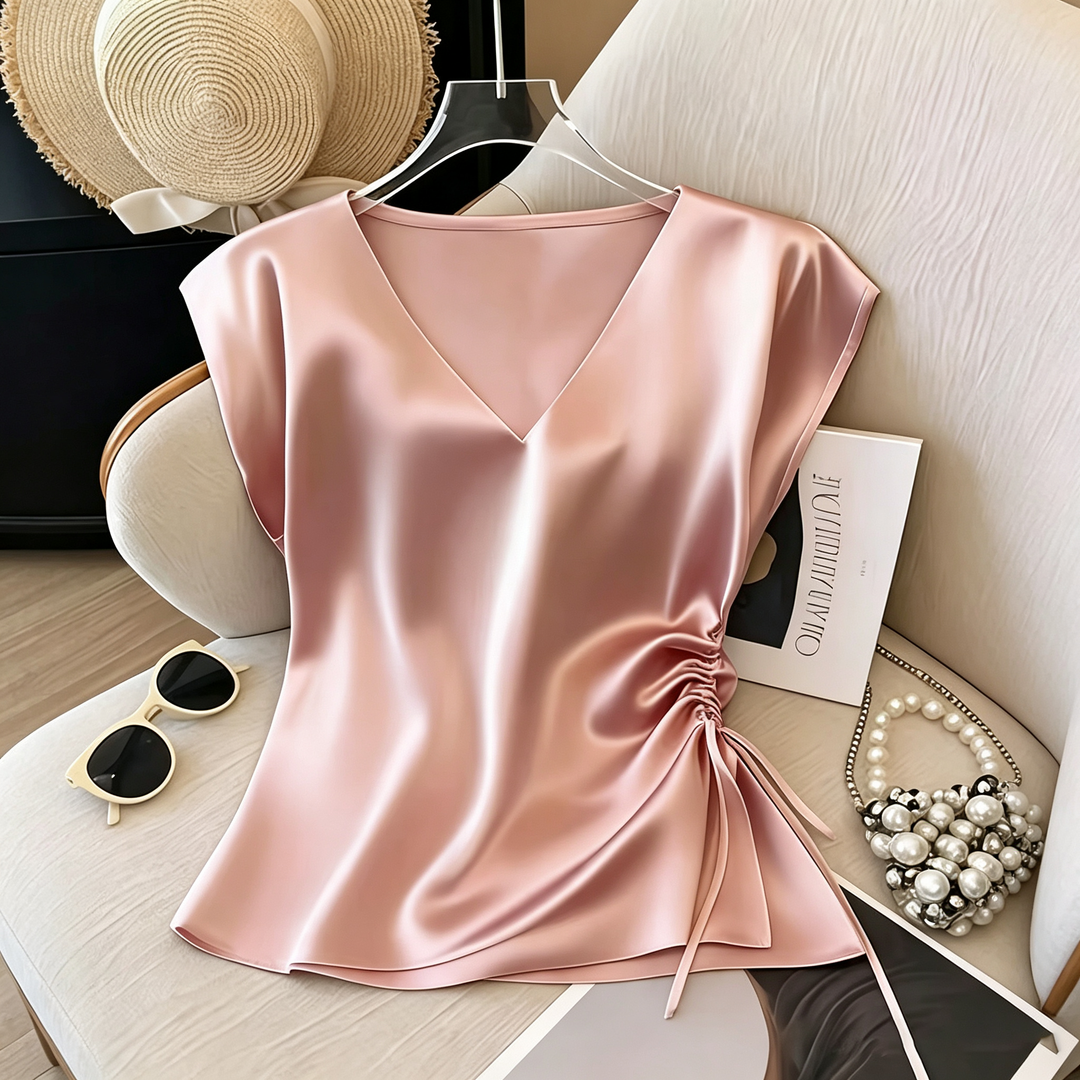 Satin V Neck Cap Sleeve Drawstring Top