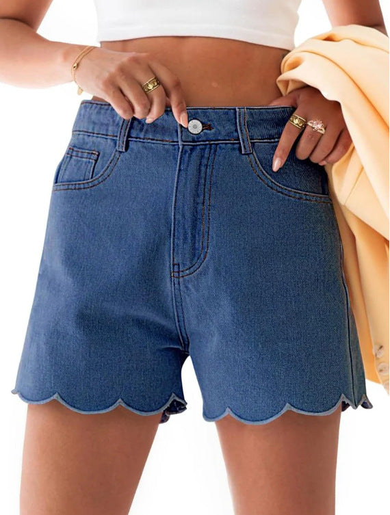 High Waist Scalloped Hem Denim Shorts