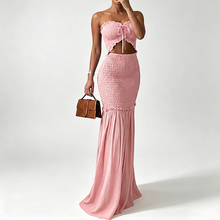 Strapless multi-colored printed pleated maxi dress