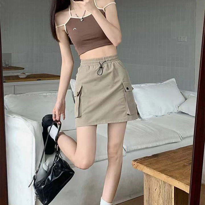 High-waisted drawstring A-line cargo skirt