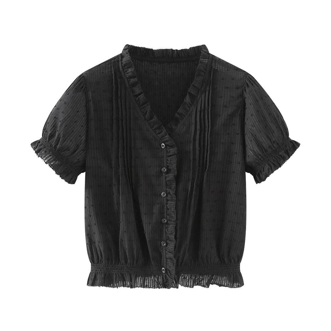 V-Neck Ruffle Puff Sleeve Swiss Dot Blouse | Cinched Waist Babydoll Top