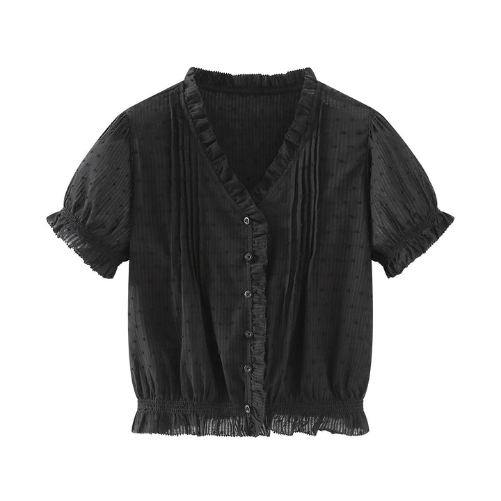 V-Neck Ruffle Puff Sleeve Swiss Dot Blouse | Cinched Waist Babydoll Top