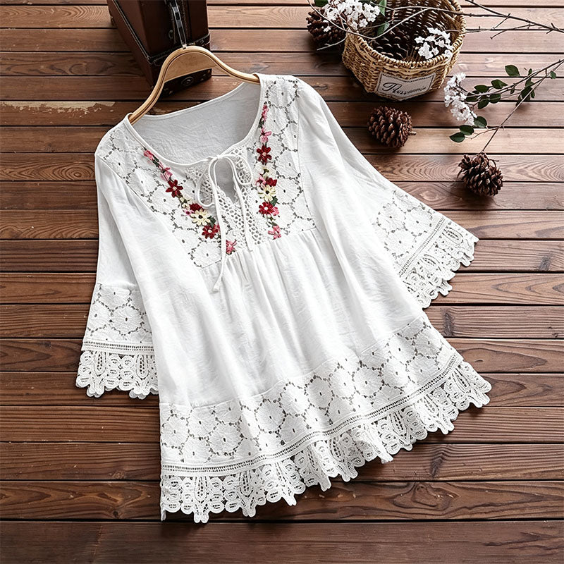 Lace-trimmed linen V-neck top
