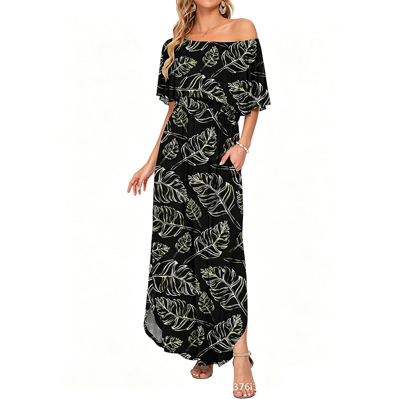 Printed off-shoulder short-sleeved long dress