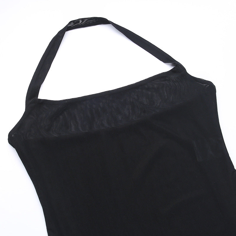 Black Mesh Halter Cover-Up Dress with Cut-Out Rings