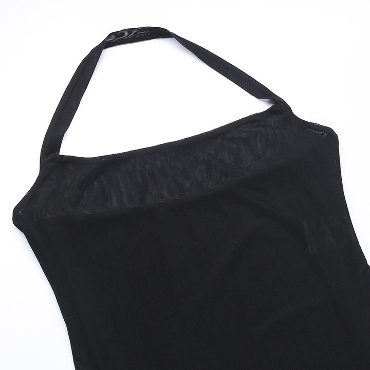 Black Mesh Halter Cover-Up Dress with Cut-Out Rings