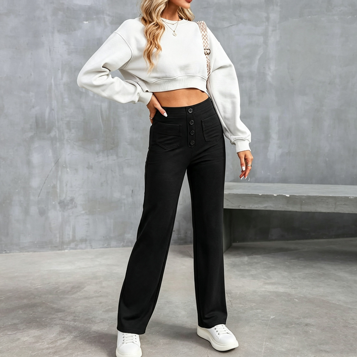 Solid color high-waisted straight leg pants