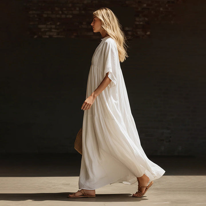 Solid color loose-fitting beach vacation long V-neck dress