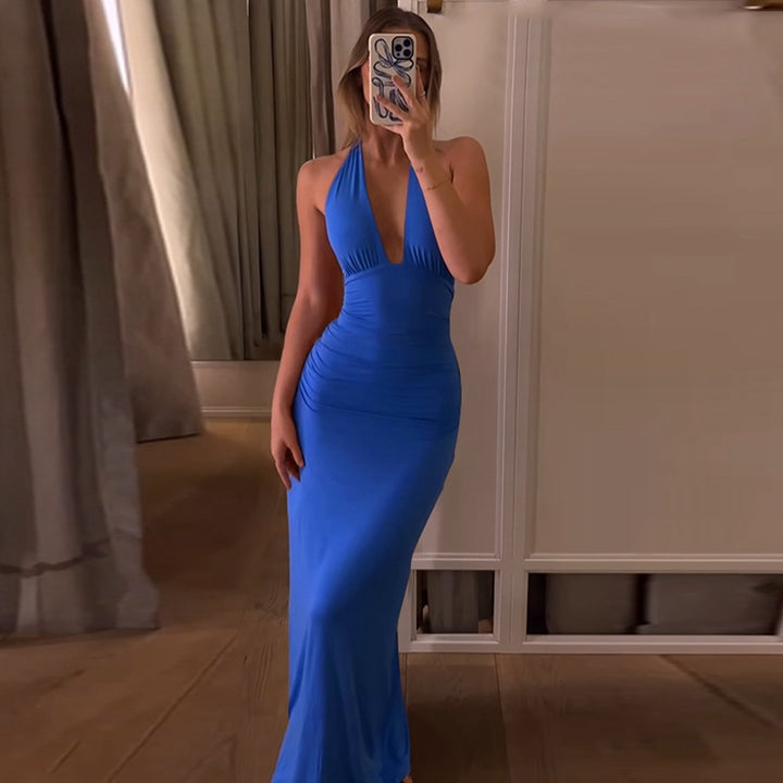 Multi-Color Halter Neck Ruched Maxi Dress | Deep V Bodycon Mermaid Evening Dress