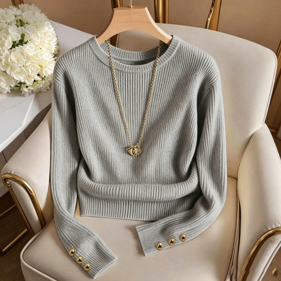 Crew Neck Long Sleeve Button Knit Sweater