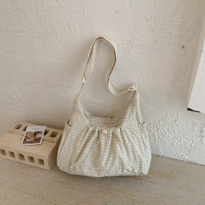 Drawstring Checkered Hobo Shoulder Bag