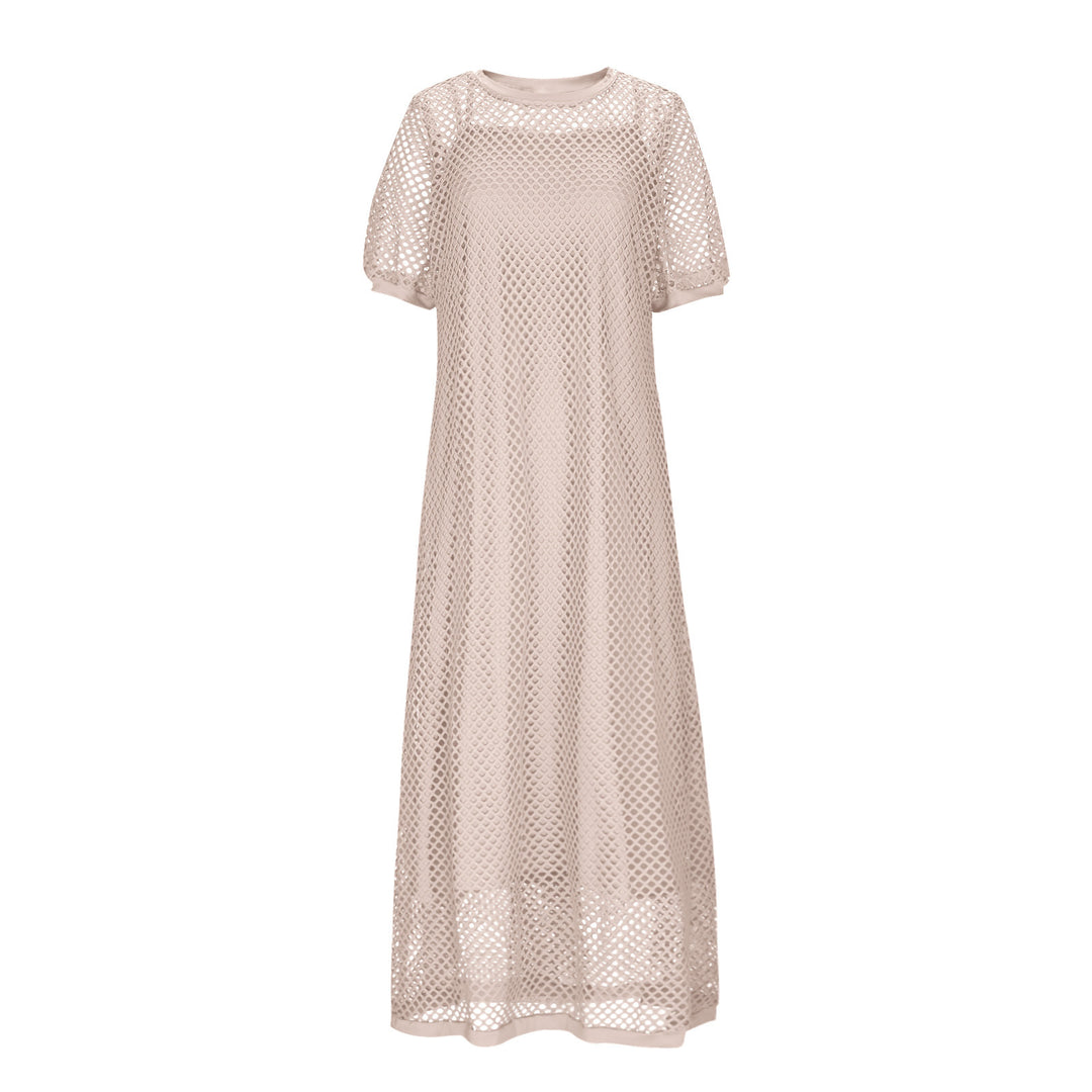 White Hollow Out Open Knit Short Sleeve Round Neck Maxi Cover Up Dress