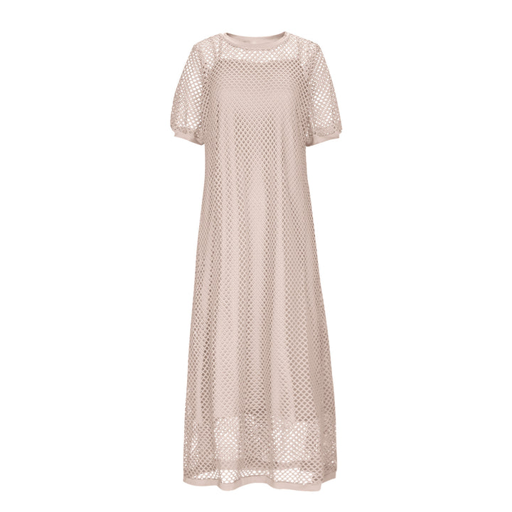 White Hollow Out Open Knit Short Sleeve Round Neck Maxi Cover Up Dress