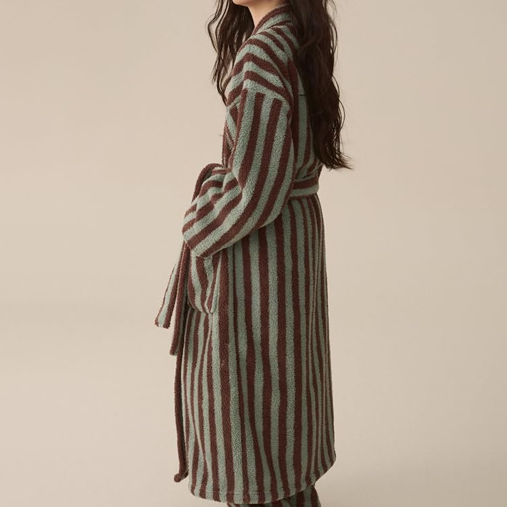 Pocketed Striped Plush Long Robe