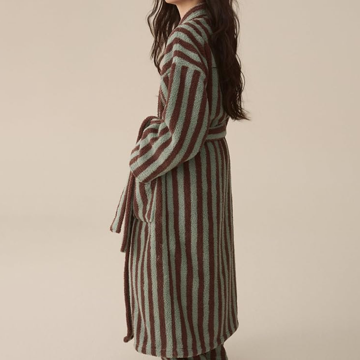 Pocketed Striped Plush Long Robe