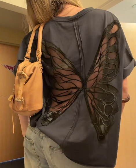 Back Cutout Loose Tee for Women | Sheer Mesh Patchwork Drop Shoulder Short Sleeve Top