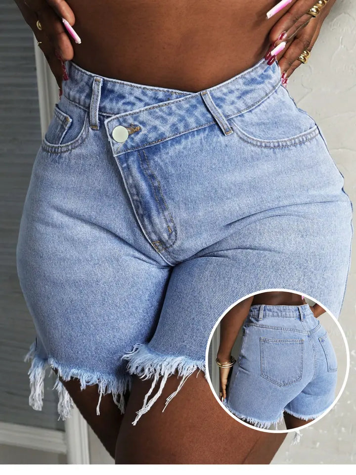 Light Wash Crossover Waist Frayed Denim Shorts