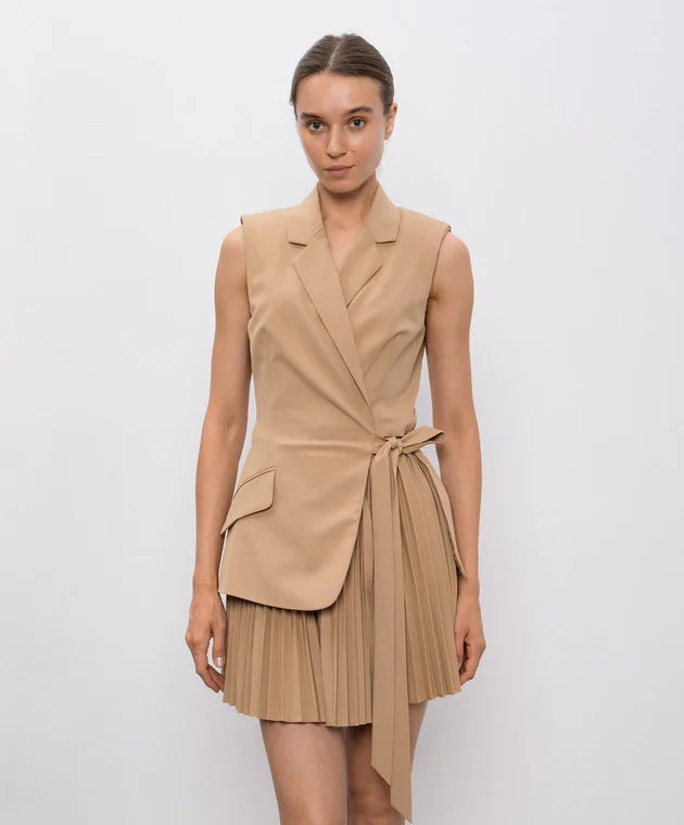 Sleeveless Blazer Dress with Pleated Skirt | Belted Tailored Mini Dress for Women