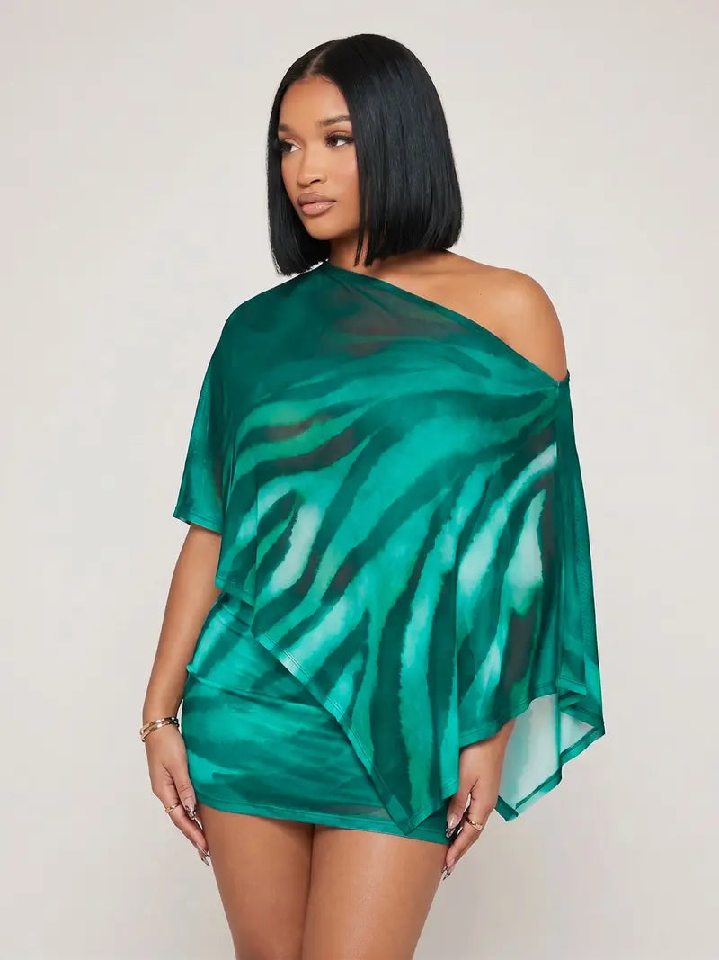 Abstract Print Mesh Off-Shoulder Two-Piece Mini Dress Set