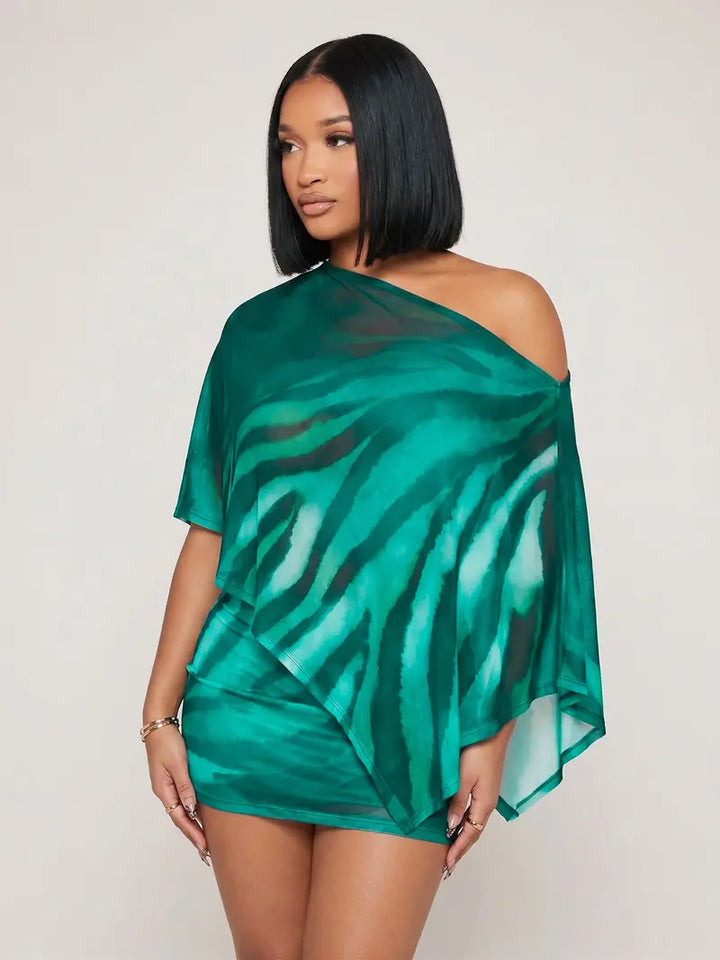 Abstract Print Mesh Off-Shoulder Two-Piece Mini Dress Set