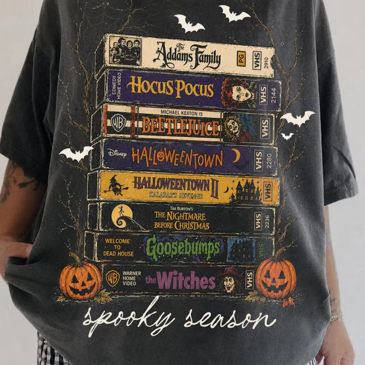 Retro Halloween VHS Movies Stack Graphic Tee