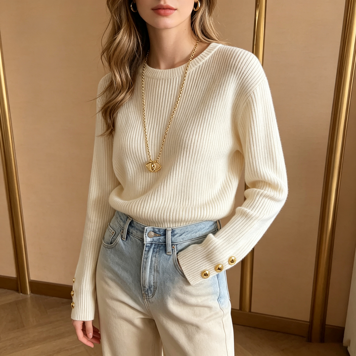 Crew Neck Long Sleeve Button Knit Sweater
