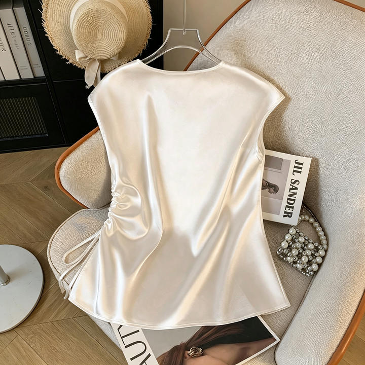 Satin V Neck Cap Sleeve Drawstring Top