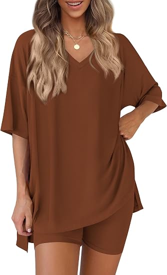 Oversized V-Neck Tee &amp;amp; Biker Shorts Two-Piece Set