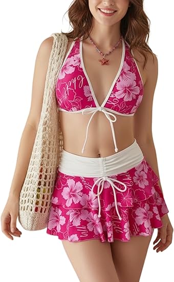 Hibiscus 3-Piece Swimwear Set: Triangle Bikini + Skirted Bottom