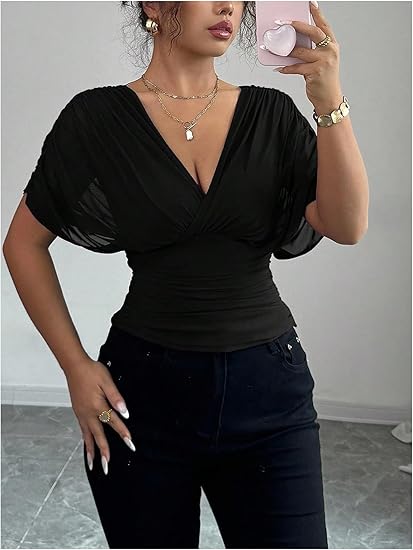 Olive Green Ruched Mesh Dolman Sleeve V-Neck Top