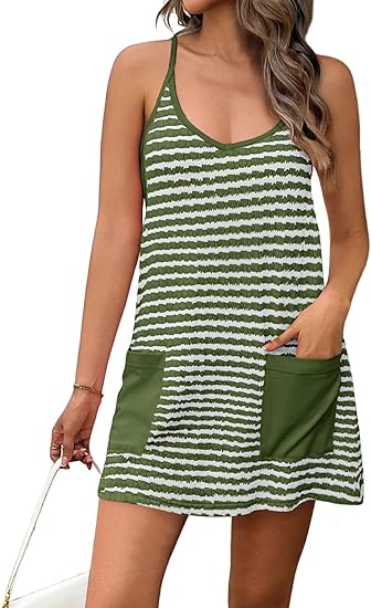 Striped Racerback Romper Dress, Lined Sleeveless Cover-Up with Pockets