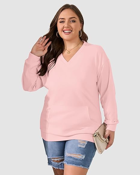 Womens Long Sleeve Sweatshirt Casual V Neck Hoodless Pullover Tops with Pockets