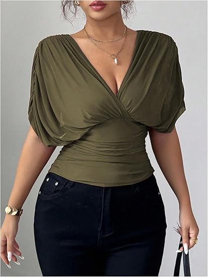 Olive Green Ruched Mesh Dolman Sleeve V-Neck Top
