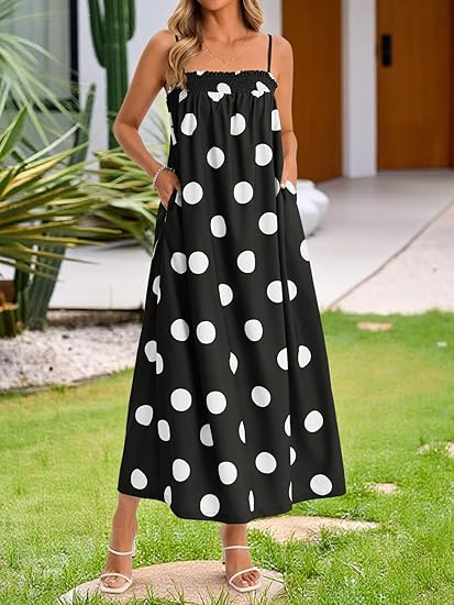 Womens Summer Polka Dot Spaghetti Strap Maxi Dress with Pockets