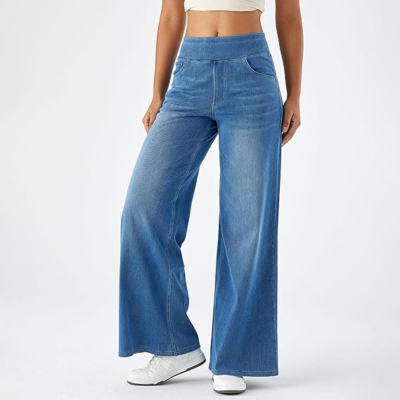High-Waisted Stretch Pull-On Wide Leg Jeans | Ultra Comfort Soft Denim Pants