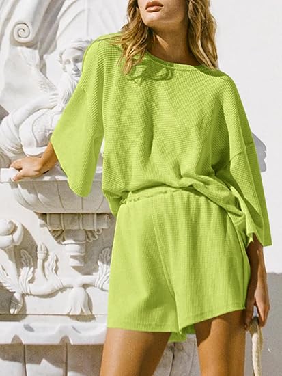 Waffle Knit Loungewear Set, Oversized 3/4 Sleeve Top &amp; High-Waisted Shorts